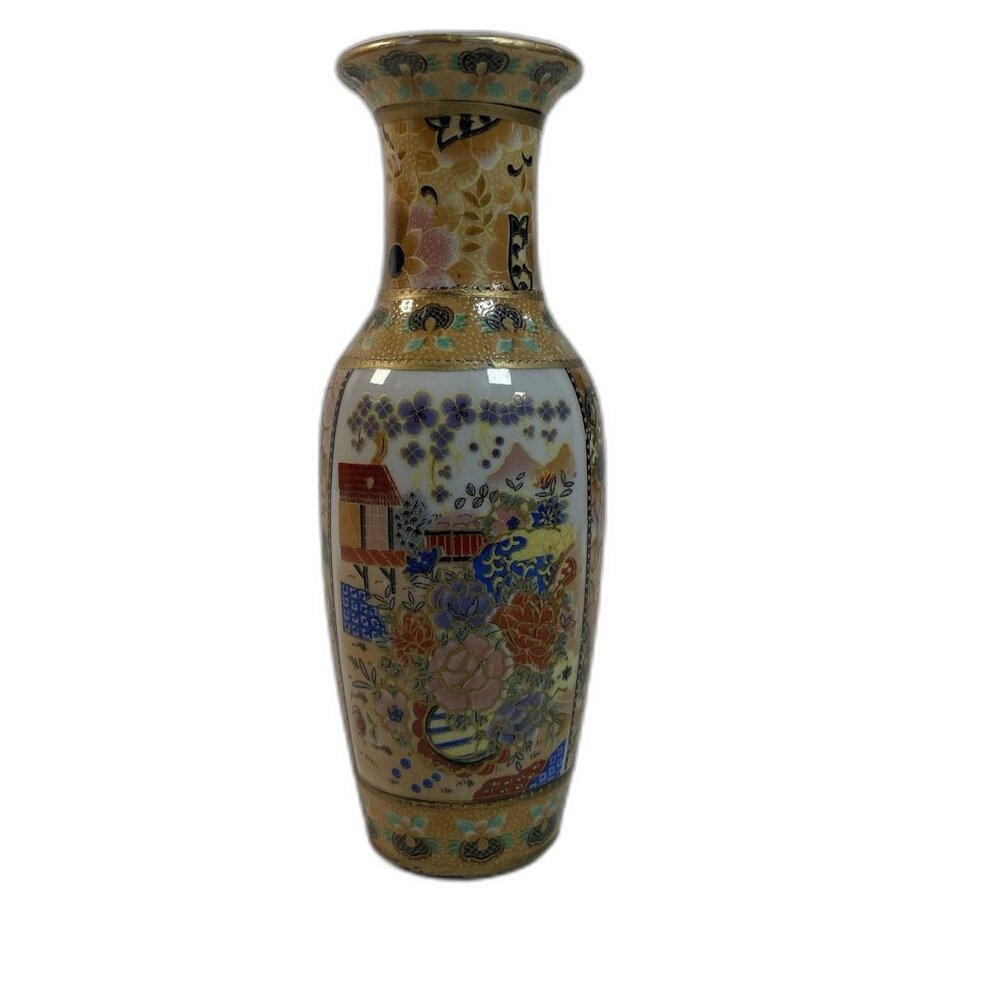 Vintage Asian‑Style Decorative Ceramic Vase • Floral & Scenic Motif • Gold Accen